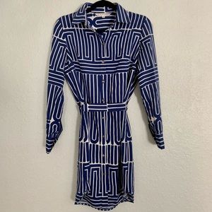 Trina Turk Dress Size 4 Shirt Dress with Belt Blue White Career Wear